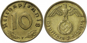 Germany - Third Reich 10 Reichspfennig 1939 F
KM# 92; AKS# 46; J. 364; Aluminium-Bronze 4.03 g.; Mint: Stuttgart; UNC