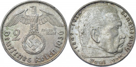 Germany - Third Reich 2 Reichsmark 1936 E Rare
KM# 93; AKS# 33; J. 366; Silver 7.98 g.; Swastika-Hindenburg Issue; Mint: Muldenhütten; AUNC