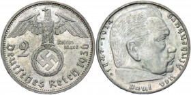 Germany - Third Reich 2 Reichsmark 1936 G Rare
KM# 93; AKS# 33; J. 366; Silver 7.95 g.; Swastika-Hindenburg Issue; Mint: Karlsruhe; AUNC