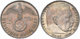 Germany - Third Reich 2 Reichsmark 1937 D
KM# 93; AKS# 33; J. 366; Silver 7.96 g.; Swastika-Hindenburg Issue; Mint: Munich; AUNC
