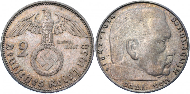 Germany - Third Reich 2 Reichsmark 1938 J
KM# 93; AKS# 33; J. 366; Silver 8.00 ...