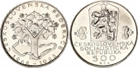 Czechoslovakia 500 Korun 1988
KM# 131; Silver; 20 Years - Czech and Slovak Federation; UNC