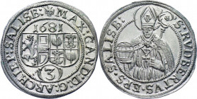 Austria Salzburg 3 Kreuzer 1681
KM# 228; Silver 1.52g.; Maximilian Gandolph; UNC