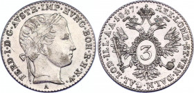 Austria 3 Kreuzer 1847 A
KM# 2191; Silver; Ferdinand I; AUNC/UNC