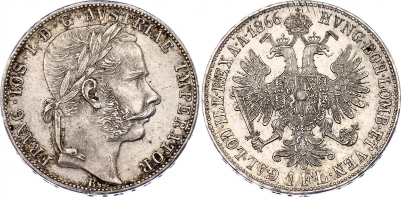 Austria 1 Florin 1866 B
KM# 2220; Silver, Franz Joseph I, Kremnitz Mint; Rare d...