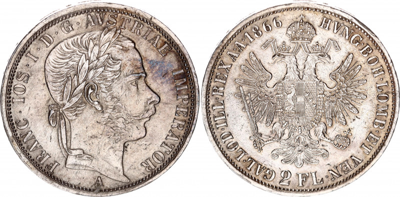 Austria 2 Florin 1866 A
KM# 2231; Silver; AUNC, rich patina, some hairlines vis...