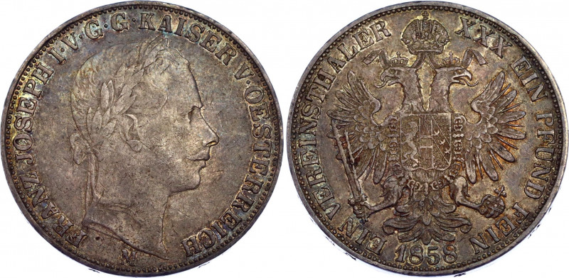 Austria 1 Vereinsthaler 1858 M
KM# 2244; Silver; Franz Joseph I; XF- with nice ...