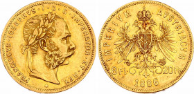 Austria 8 Florin / 20 Francs 1886
KM# 2269; Gold (.900), 6.45 g. Mintage 139657. Franz Joseph I. AUNC, mint luster.