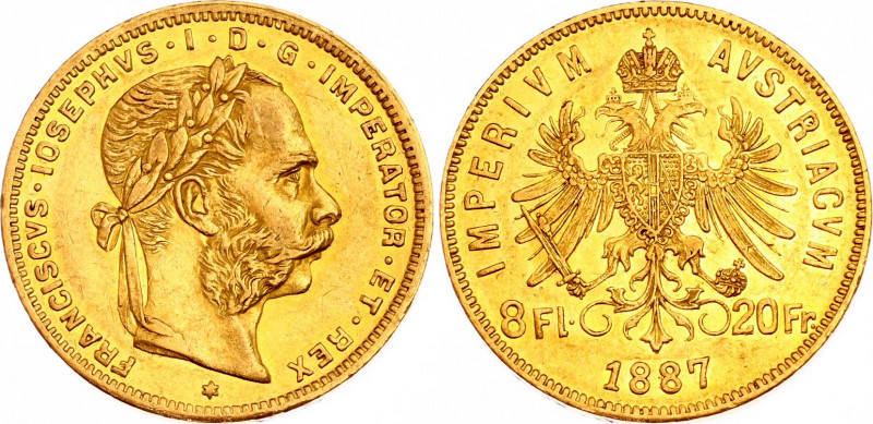 Austria 8 Florin / 20 Francs 1887
KM# 2269; Gold (.900), 6.45 g. Mintage 174227...