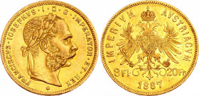 Austria 8 Florin / 20 Francs 1887
KM# 2269; Gold (.900), 6.45 g. Mintage 174227. Franz Joseph I. AUNC, mint luster.