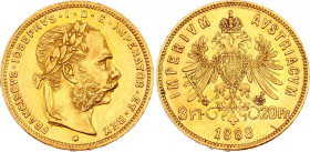 Austria 8 Florin / 20 Francs 1888
KM# 2269; Gold (.900), 6.45 g. Mintage 113519. Franz Joseph I. AUNC, mint luster.