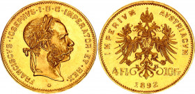Austria 4 Florins / 10 Francs 1892 Restrike
KM# 2260; Gold (.900) 3.22 g., 19 mm.; Franz Joseph I; UNC with full mint luster