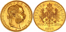 Austria 8 Florins / 20 Francs 1892 Restrike
KM# 2269; Gold (.900) 6.45 g., 21 mm.; Franz Joseph I; UNC with full mint luster