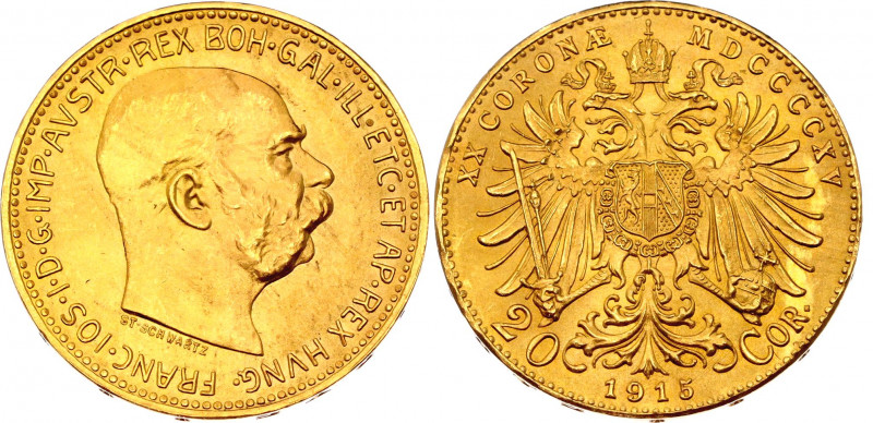 Austria 20 Corona 1915 Restrike
KM# 2818; Gold (.900) 6.77 g., 21 mm; Franz Jos...