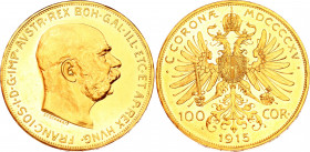 Austria 100 Corona 1915 Original strike!
KM# 2819; Gold (.900) 33.87 g., 37 mm.; Franz Joseph I; Prooflike. Rare original strike!