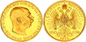 Austria 100 Corona 1915 Restrike
KM# 2819; Gold (.900) 33.87 g., 37 mm.; Franz Joseph I; UNC