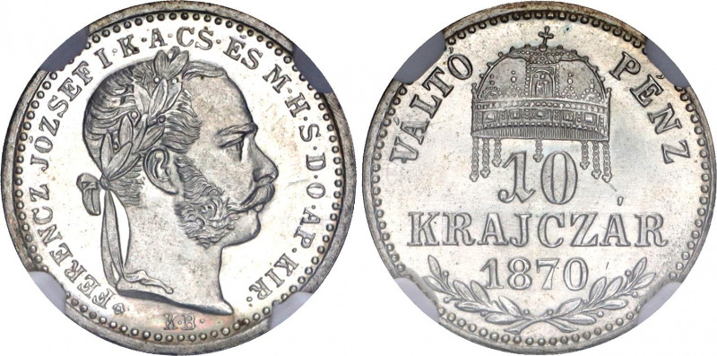 Hungary 10 Krajczar 1870 KB Artex Restrike NGC PF 67
KM# 451; Silver, Proof; Fr...