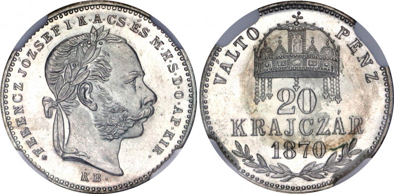 Hungary 20 Krajczar 1870 KB Artex Restrike NGC PF 66
KM# 452; Silver, Proof; Fr...