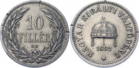 Hungary 10 Filler 1892 KB
KM# 482; Schön# 3; Nickel 2.98 g.; Franz Joseph I; Mint: Kremnitz; XF-AUNC