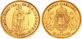 Hungary 10 Korona 1897 KB
KM# 485; Franz Joseph I; Gold (.900), 3.39 g. Mintage 258,891. AUNC.