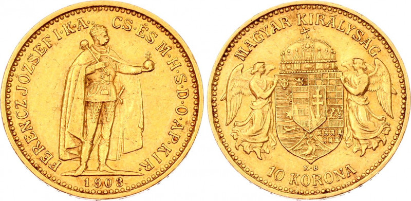 Hungary 10 Korona 1903 KB
KM# 485; Franz Joseph I; Gold (.900), 3.39 g. Mintage...