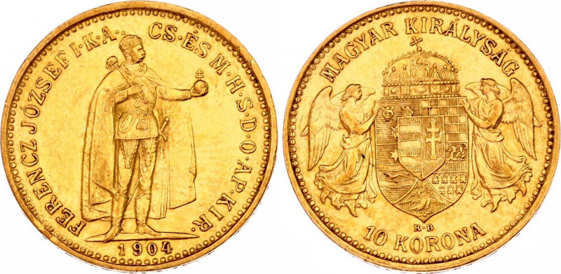 Hungary 10 Korona 1904 KB
KM# 485; Franz Joseph I; Gold (.900) 3.39g. AUNC.
