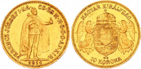 Hungary 10 Korona 1910 KB
KM# 485; Franz Joseph I; Gold (.900) 3.39g. AUNC.