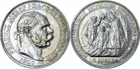 Hungary 5 Korona 1907 KB
KM# 489; Silver 24.00g.;Joseph I; 40th Anniversary - Coronation of Franz Josef; XF-AUNC
