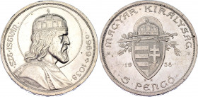 Hungary 5 Pengo 1938 BP
KM# 516; Silver; 900th Anniversary - Death of St. Stephan; UNC with minor hairlines