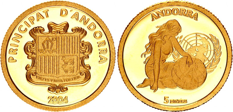 Andorra 5 Diners 2004
KM# 196; Gold (.999) 1.24 g., 14 mm., Proof; Andorran Mem...