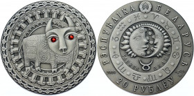 Belarus 20 Roubles 2009
KM# 205; Silver 28.28g; Taurus; Series: Signs of the Zodiac; With synthetic crystals