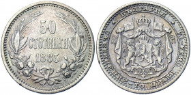 Bulgaria 50 Stotinki 1883
KM# 6; Silver 2.46g; Aleksandr I; XF+