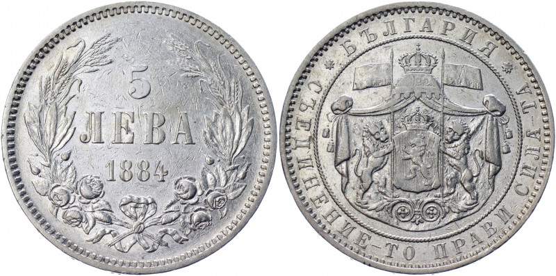 Bulgaria 5 Leva 1884
KM# 7; Silver 24.93 g.; Alexander I; Mint: St.Petersburg; ...