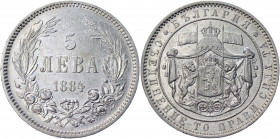 Bulgaria 5 Leva 1884
KM# 7; Silver 24.93 g.; Alexander I; Mint: St.Petersburg; AUNC