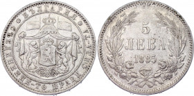 Bulgaria 5 Leva 1885
KM# 7; Silver; Aleksandr I; VF/XF