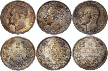 Bulgaria 3 x 2 Leva 1891 - 1894 KB
KM# 14, 17; Silver; Ferdinand I; VF/XF