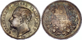 Bulgaria 5 Leva 1892 KB
KM# 15; Silver; Ferdinand I; XF with amazing toning