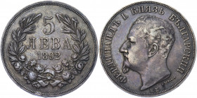 Bulgaria 5 Leva 1892 KB
KM# 15; Silver 24.95g; Ferdinand I; XF+