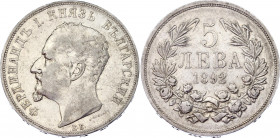 Bulgaria 5 Leva 1892 KB
KM# 15; Silver; Ferdinand I; VF/XF
