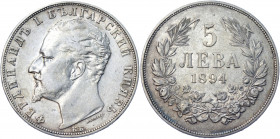 Bulgaria 5 Leva 1894 KB
KM# 18; Silver 24.84 g.; Ferdinand I; Mint: Kremnitz; AUNC