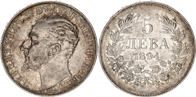 Bulgaria 5 Leva 1894 KB
KM# 18; Silver; Ferdinand I; XF+ mint luster remains