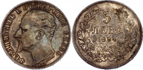 Bulgaria 5 Leva 1894 KB
KM# 18; Silver; Ferdinand I; XF with nice toning