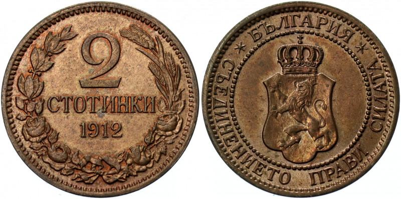 Bulgaria 2 Stotinki 1912
KM# 23.2; Bronze 2.03g.; Ferdinand; UNC, With Mint Lus...