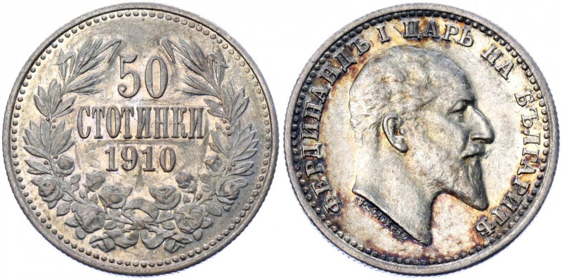 Bulgaria 50 Stotinki 1910
KM# 27; Silver 2.49 g.; Ferdinand I; Mint: Kremnitz; ...