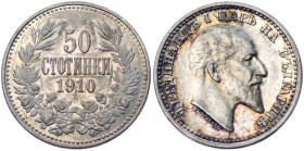 Bulgaria 50 Stotinki 1910
KM# 27; Silver 2.49 g.; Ferdinand I; Mint: Kremnitz; UNC Luster