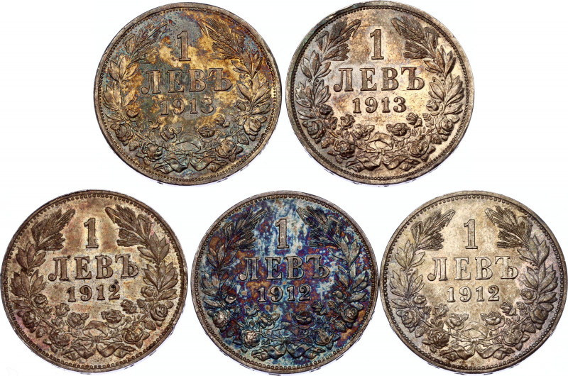 Bulgaria 5 x 1 Lev 1912 - 1913
KM# 31; Silver; Ferdinand I; Top lot XF+/UNC wit...