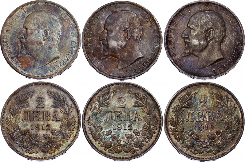 Bulgaria 3 x 2 Leva 1912
KM# 32; Silver; Ferdinand I; XF/AUNC with beautiful to...