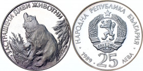 Bulgaria 25 Leva 1989
KM# 193; Silver 23.38g; Endangered Wild Animals: Mother Bear with Cub; Proof