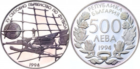 Bulgaria 500 Leva 1994
KM# 211; Silver 23.33g; 15th World Football Championship, USA, 1994: Football Net; Proof