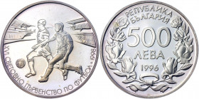 Bulgaria 500 Leva 1996
KM# 219; Silver 10g; 16th World Football Championship, France, 1998: Two Footballer; Proof